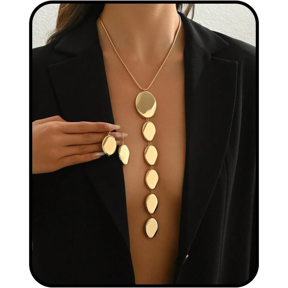 Chunky Geometric Pendant Necklace and Earrings Set Gold Silver Statement Jewelry